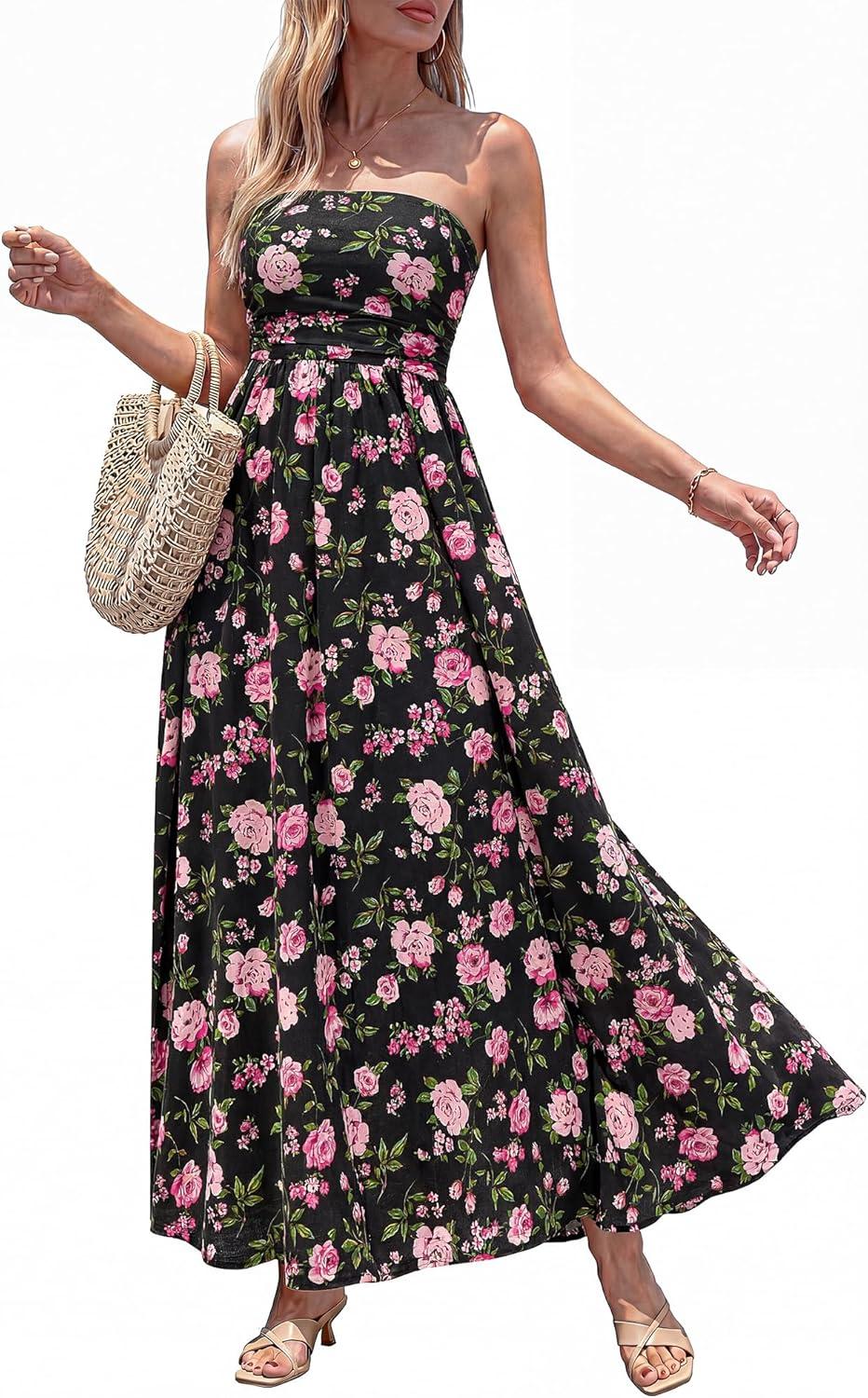 imageBTFBM Summer Maxi Dresses for Women 2026 Strapless Tube Top Floral Spring Wedding Guest Dress Beach Vacation OutfitsBlack Pink Flower