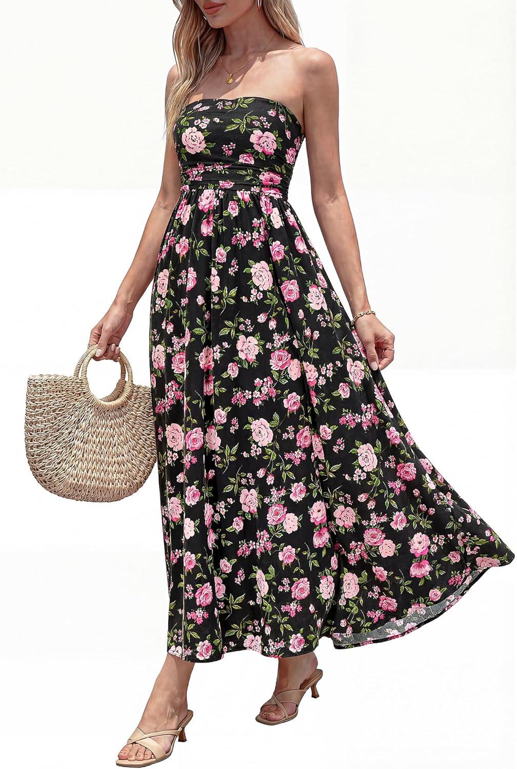 imageBTFBM Summer Maxi Dresses for Women 2026 Strapless Tube Top Floral Spring Wedding Guest Dress Beach Vacation OutfitsBlack Pink Flower