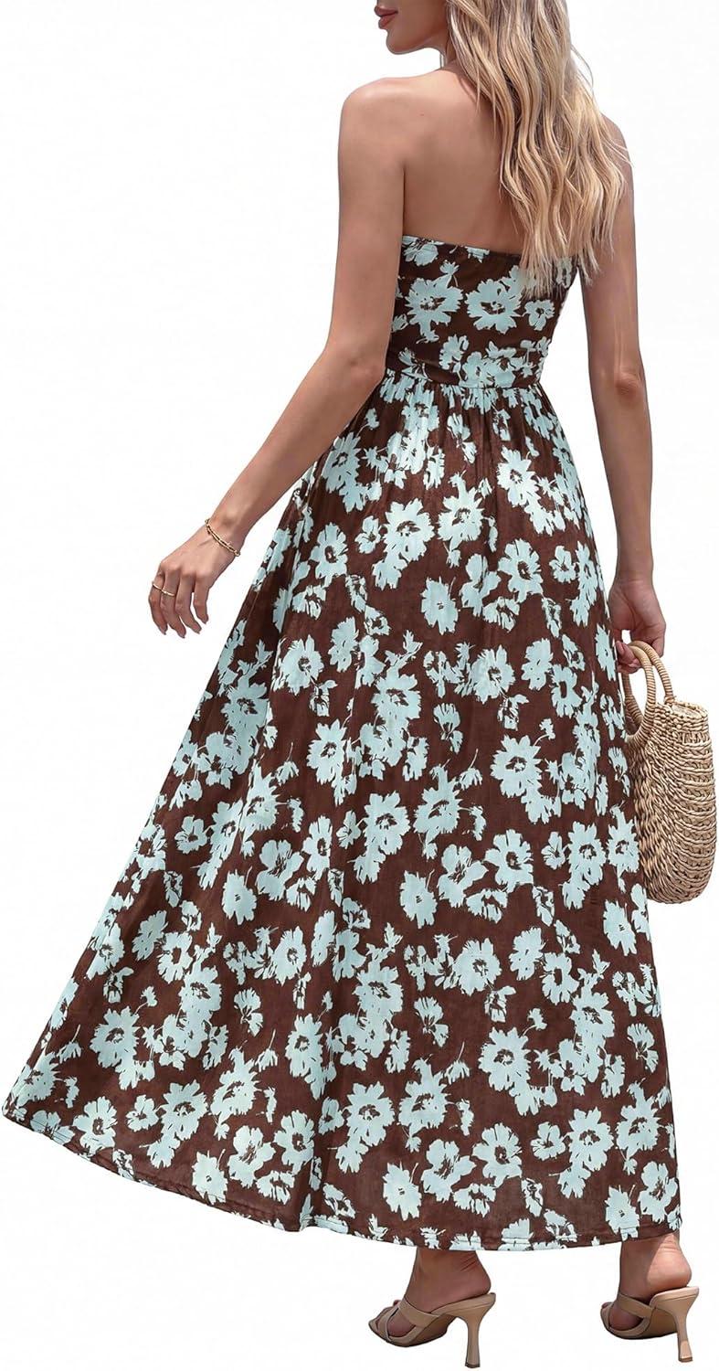 imageBTFBM Summer Maxi Dresses for Women 2026 Strapless Tube Top Floral Spring Wedding Guest Dress Beach Vacation OutfitsCoffee Blue Flower