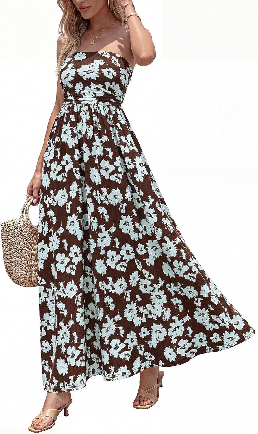 imageBTFBM Summer Maxi Dresses for Women 2026 Strapless Tube Top Floral Spring Wedding Guest Dress Beach Vacation OutfitsCoffee Blue Flower