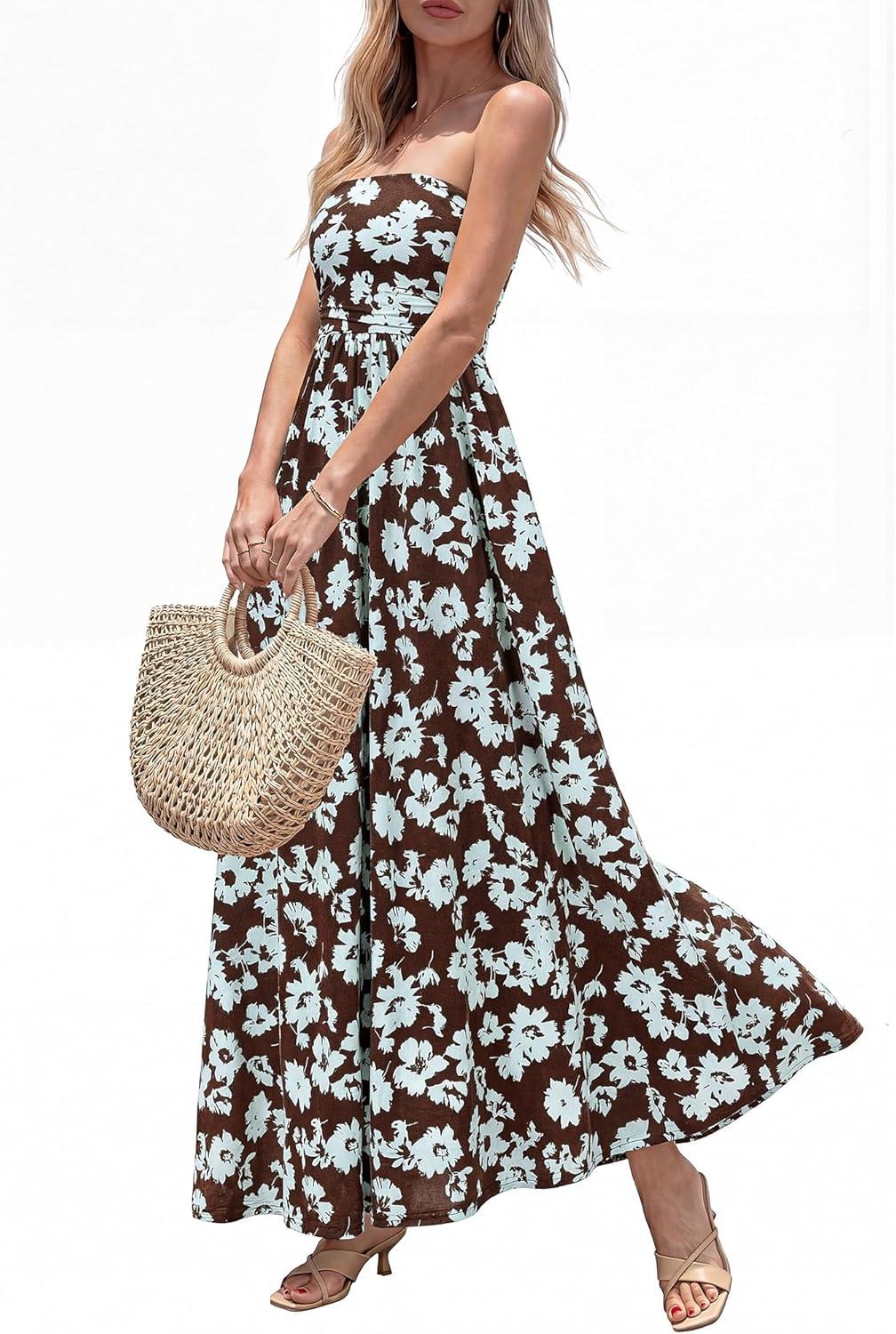 imageBTFBM Summer Maxi Dresses for Women 2026 Strapless Tube Top Floral Spring Wedding Guest Dress Beach Vacation OutfitsCoffee Blue Flower