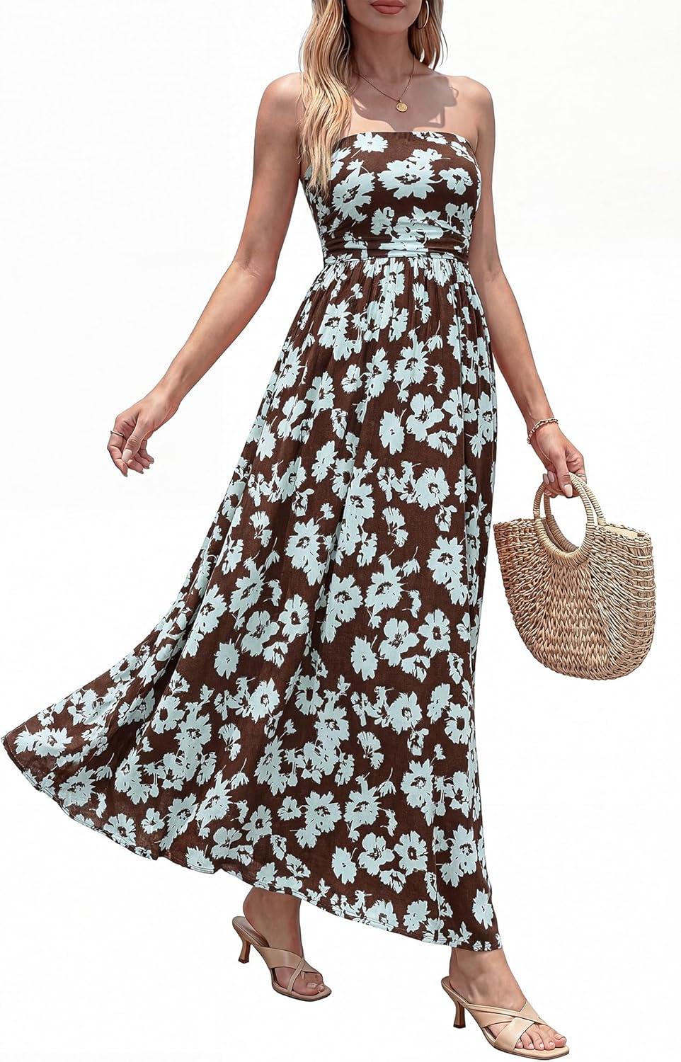 imageBTFBM Summer Maxi Dresses for Women 2026 Strapless Tube Top Floral Spring Wedding Guest Dress Beach Vacation OutfitsCoffee Blue Flower