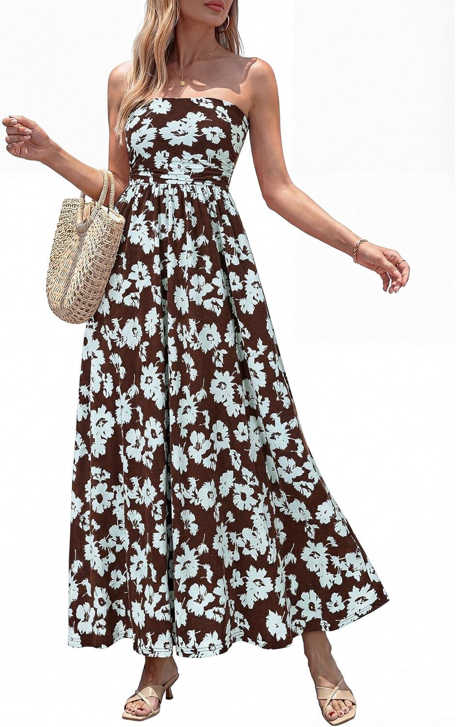 imageBTFBM Summer Maxi Dresses for Women 2026 Strapless Tube Top Floral Spring Wedding Guest Dress Beach Vacation OutfitsCoffee Blue Flower