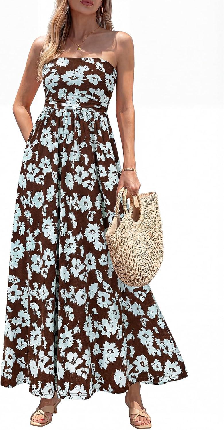 imageBTFBM Summer Maxi Dresses for Women 2026 Strapless Tube Top Floral Spring Wedding Guest Dress Beach Vacation OutfitsCoffee Blue Flower