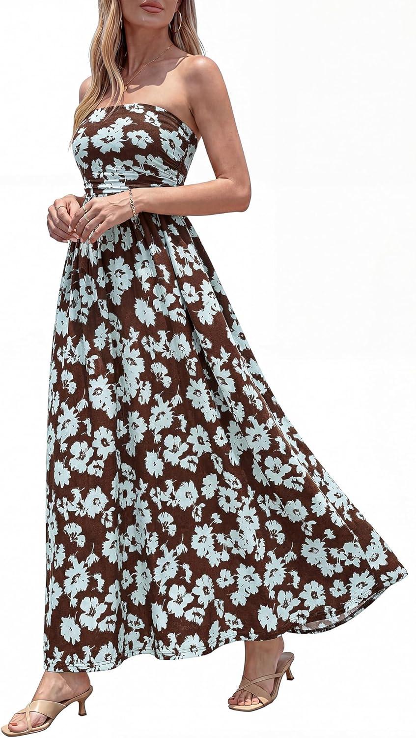 imageBTFBM Summer Maxi Dresses for Women 2026 Strapless Tube Top Floral Spring Wedding Guest Dress Beach Vacation OutfitsCoffee Blue Flower