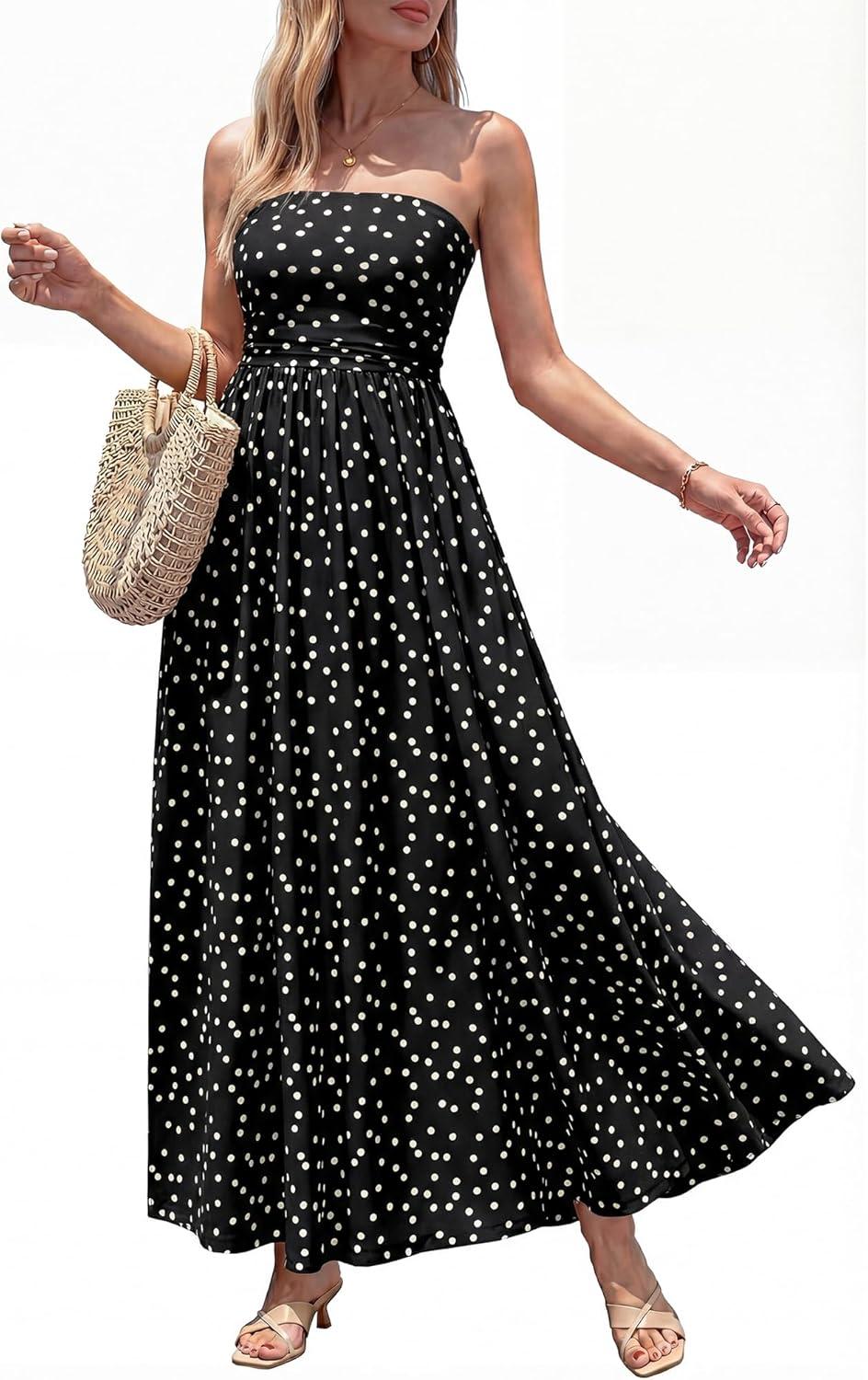 imageBTFBM Summer Maxi Dresses for Women 2026 Strapless Tube Top Floral Spring Wedding Guest Dress Beach Vacation OutfitsDot Black White