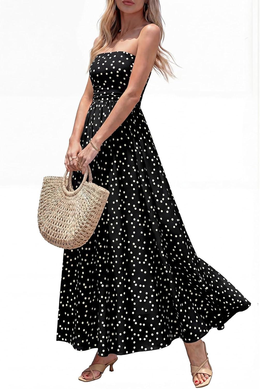 imageBTFBM Summer Maxi Dresses for Women 2026 Strapless Tube Top Floral Spring Wedding Guest Dress Beach Vacation OutfitsDot Black White