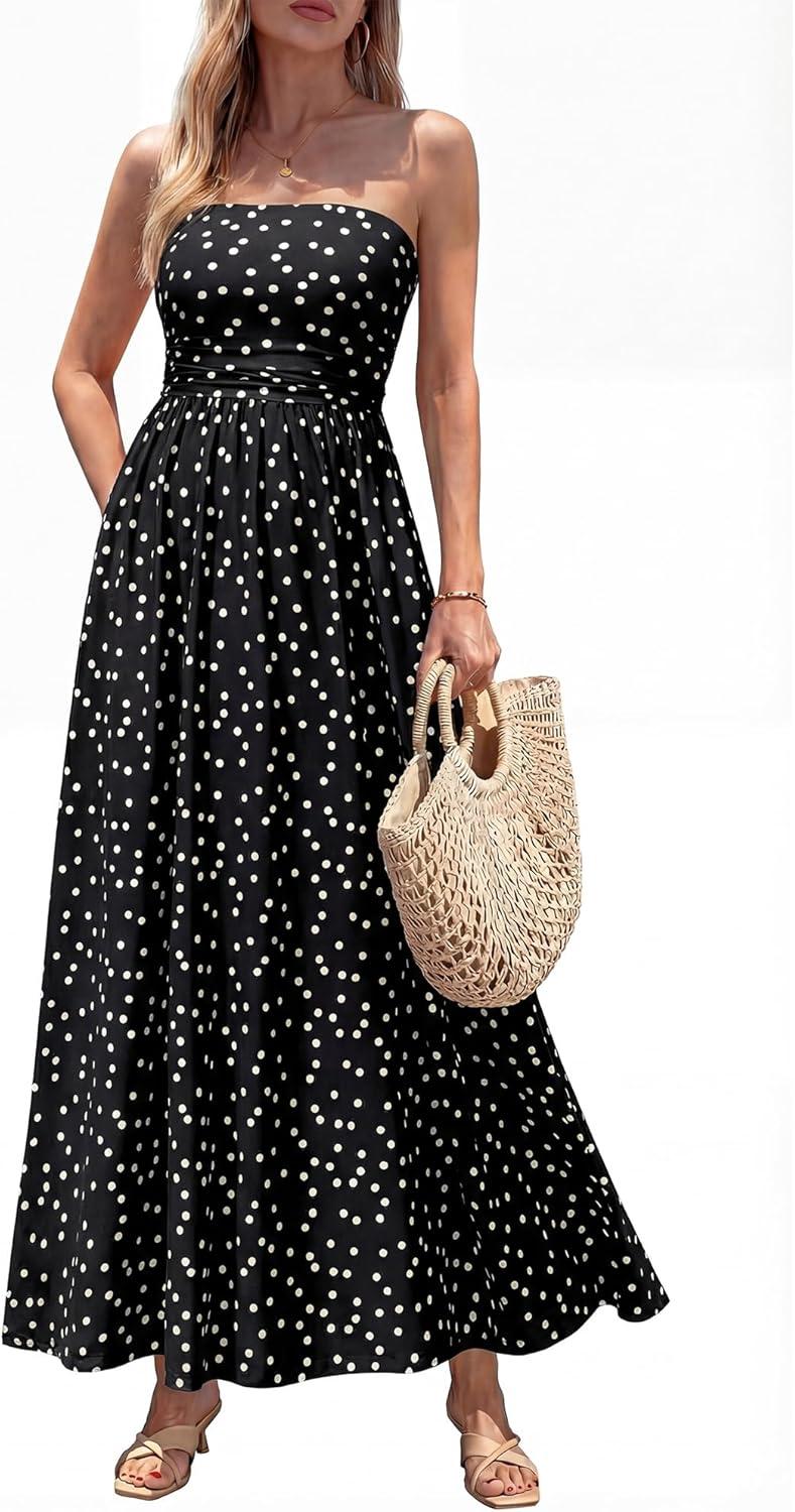 imageBTFBM Summer Maxi Dresses for Women 2026 Strapless Tube Top Floral Spring Wedding Guest Dress Beach Vacation OutfitsDot Black White