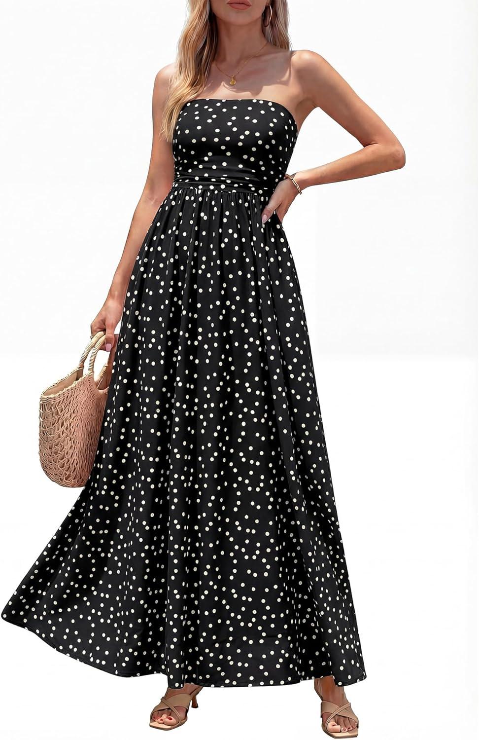 imageBTFBM Summer Maxi Dresses for Women 2026 Strapless Tube Top Floral Spring Wedding Guest Dress Beach Vacation OutfitsDot Black White