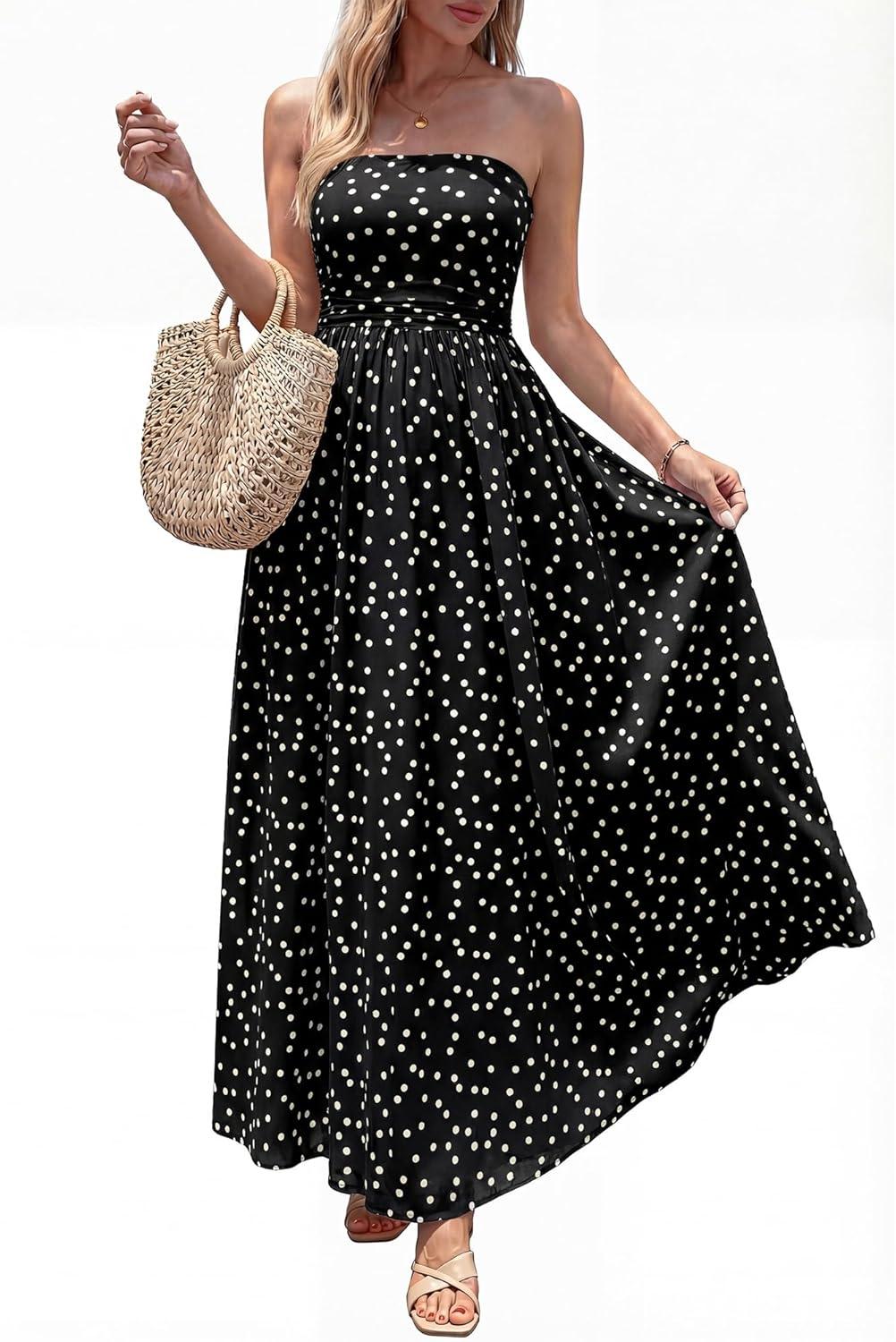imageBTFBM Summer Maxi Dresses for Women 2026 Strapless Tube Top Floral Spring Wedding Guest Dress Beach Vacation OutfitsDot Black White