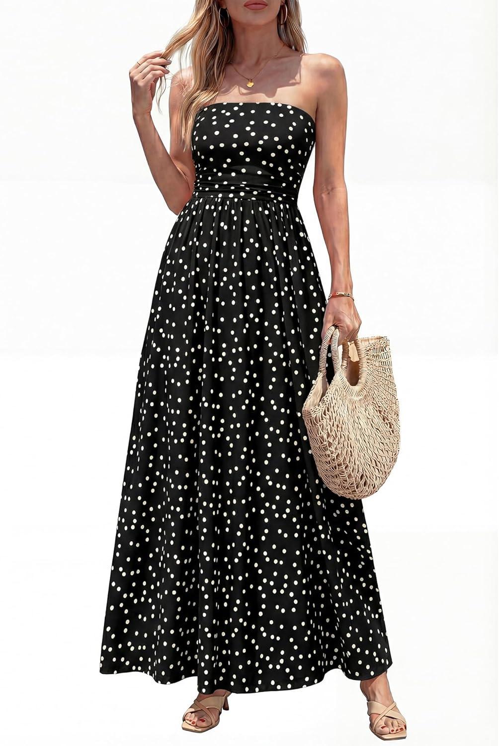imageBTFBM Summer Maxi Dresses for Women 2026 Strapless Tube Top Floral Spring Wedding Guest Dress Beach Vacation OutfitsDot Black White