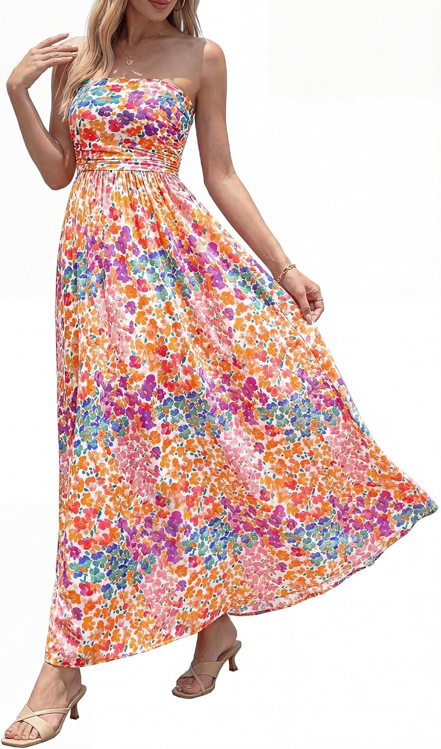 imageBTFBM Summer Maxi Dresses for Women 2026 Strapless Tube Top Floral Spring Wedding Guest Dress Beach Vacation OutfitsFloral White