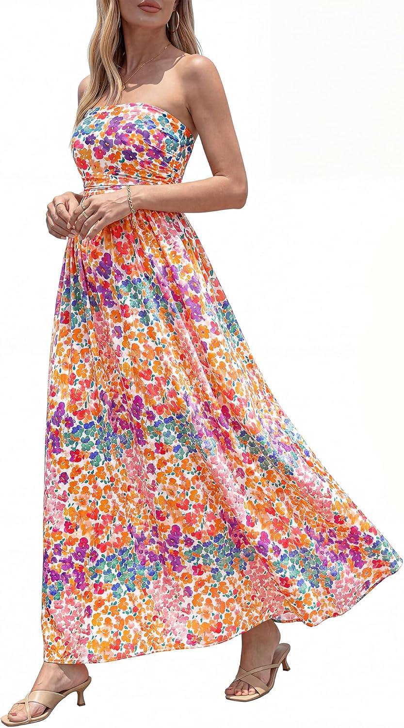 imageBTFBM Summer Maxi Dresses for Women 2026 Strapless Tube Top Floral Spring Wedding Guest Dress Beach Vacation OutfitsFloral White