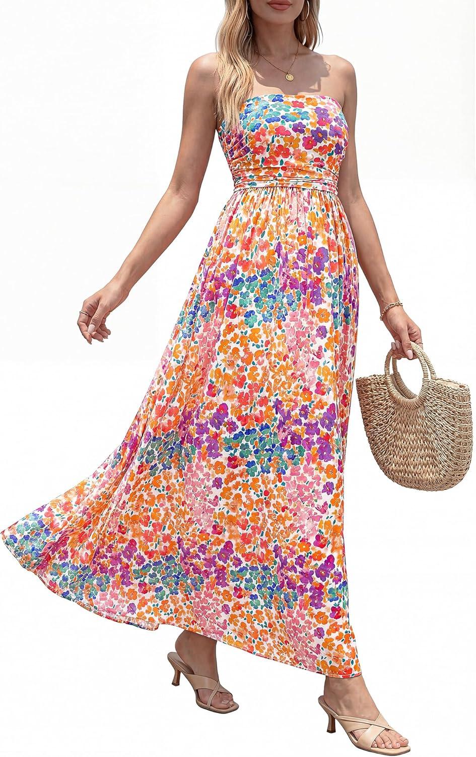 imageBTFBM Summer Maxi Dresses for Women 2026 Strapless Tube Top Floral Spring Wedding Guest Dress Beach Vacation OutfitsFloral White