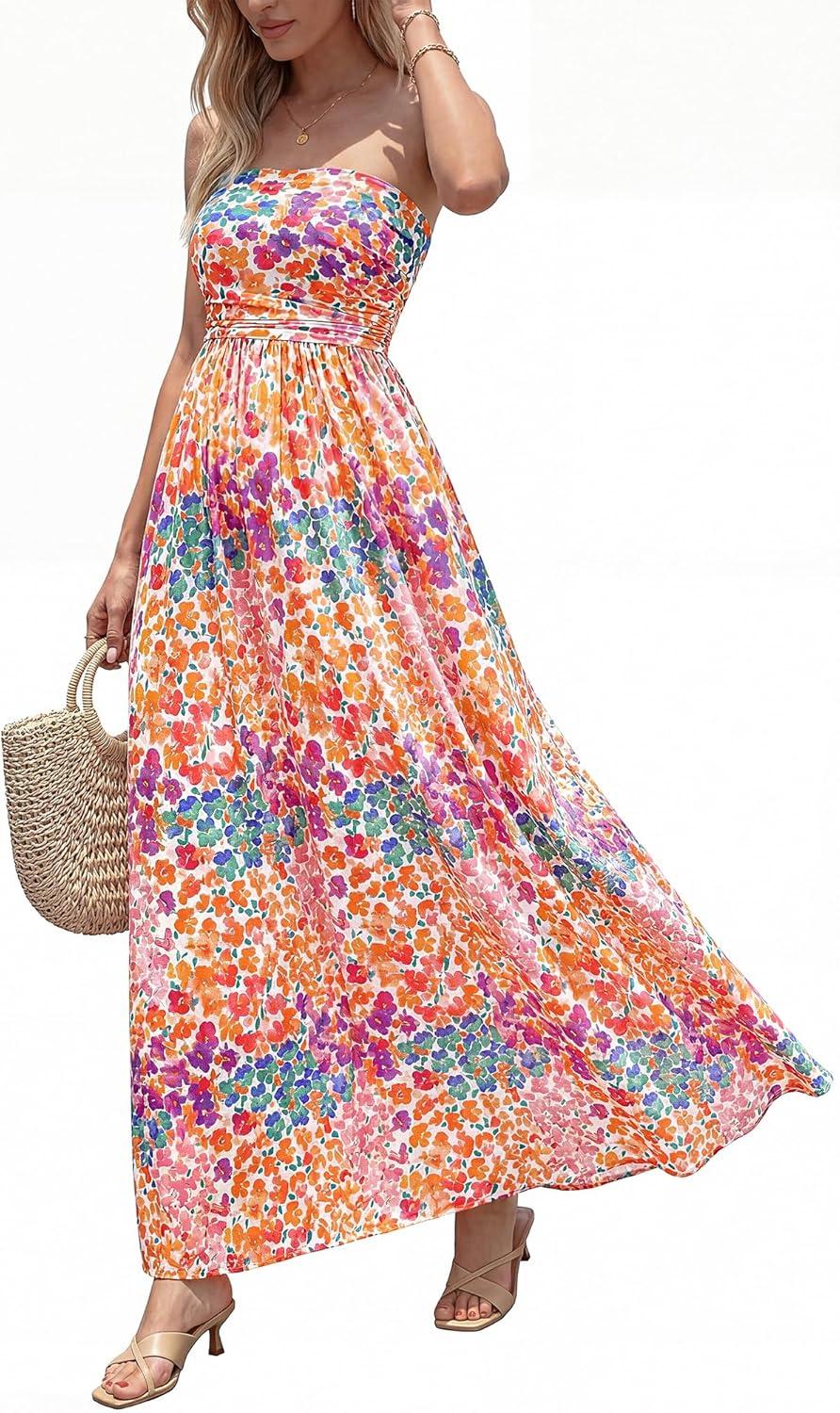 imageBTFBM Summer Maxi Dresses for Women 2026 Strapless Tube Top Floral Spring Wedding Guest Dress Beach Vacation OutfitsFloral White