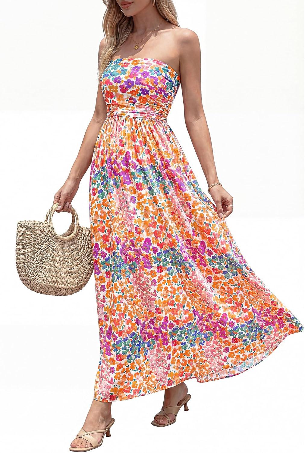 imageBTFBM Summer Maxi Dresses for Women 2026 Strapless Tube Top Floral Spring Wedding Guest Dress Beach Vacation OutfitsFloral White