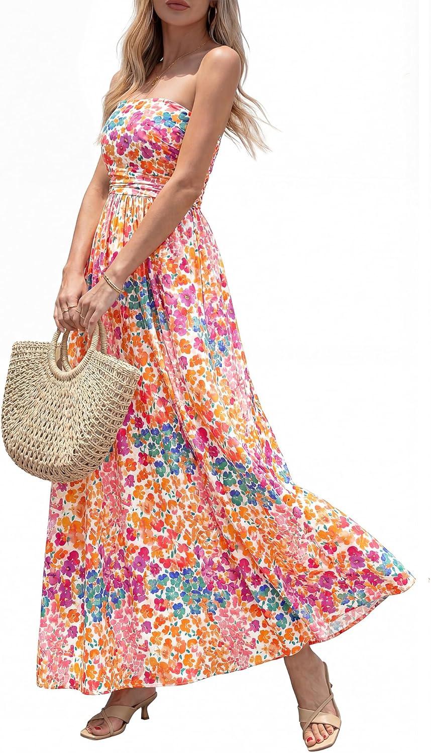 imageBTFBM Summer Maxi Dresses for Women 2026 Strapless Tube Top Floral Spring Wedding Guest Dress Beach Vacation OutfitsFloral White