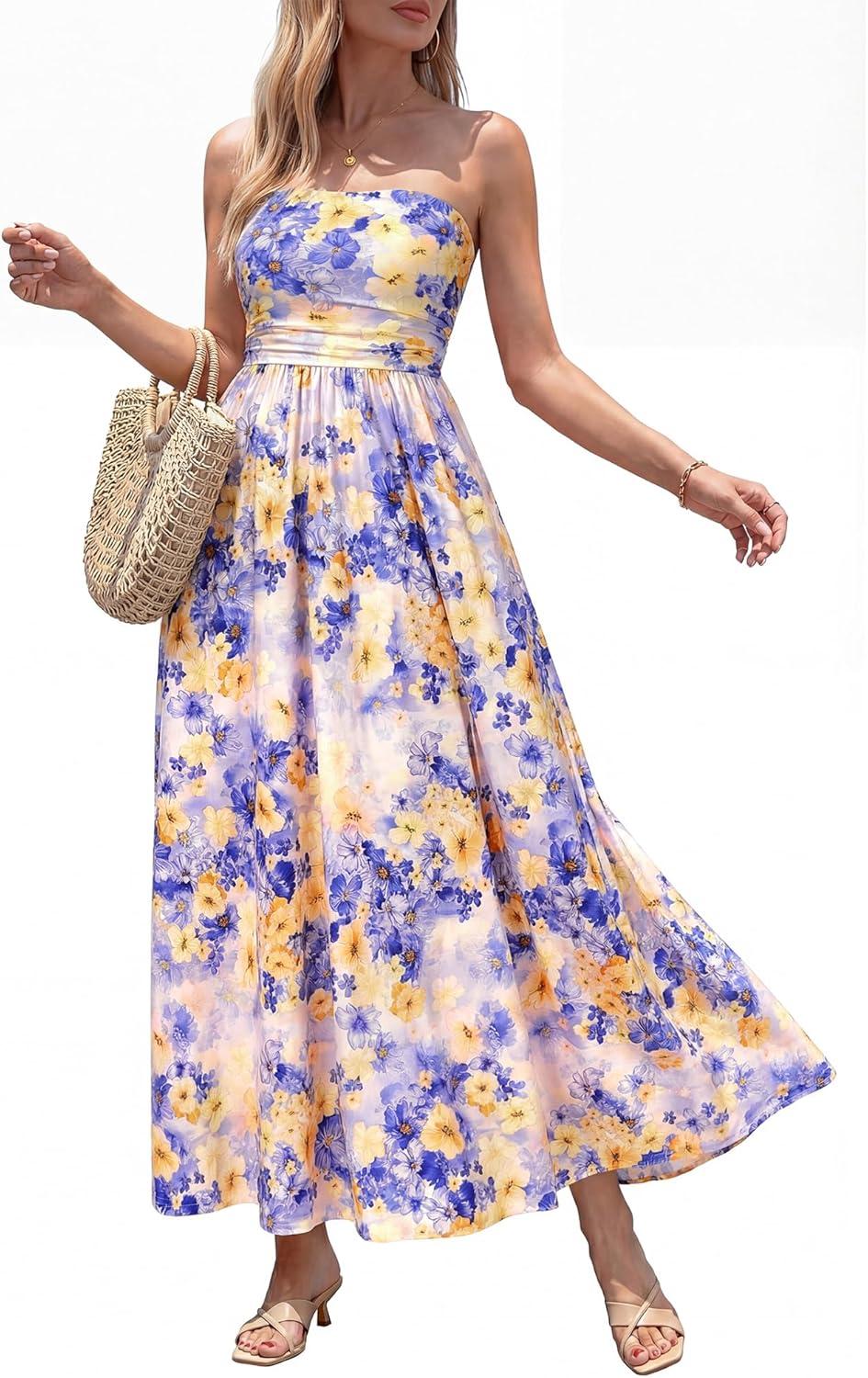 imageBTFBM Summer Maxi Dresses for Women 2026 Strapless Tube Top Floral Spring Wedding Guest Dress Beach Vacation OutfitsLight Purple Flower