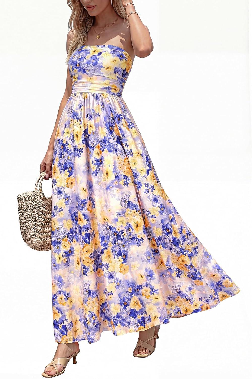 imageBTFBM Summer Maxi Dresses for Women 2026 Strapless Tube Top Floral Spring Wedding Guest Dress Beach Vacation OutfitsLight Purple Flower