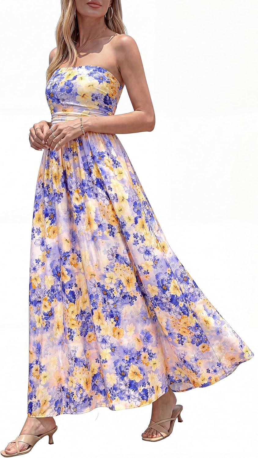 imageBTFBM Summer Maxi Dresses for Women 2026 Strapless Tube Top Floral Spring Wedding Guest Dress Beach Vacation OutfitsLight Purple Flower