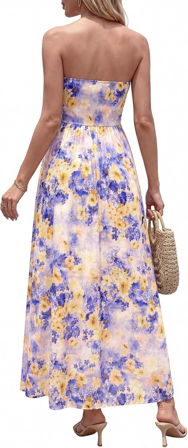 imageBTFBM Summer Maxi Dresses for Women 2026 Strapless Tube Top Floral Spring Wedding Guest Dress Beach Vacation OutfitsLight Purple Flower