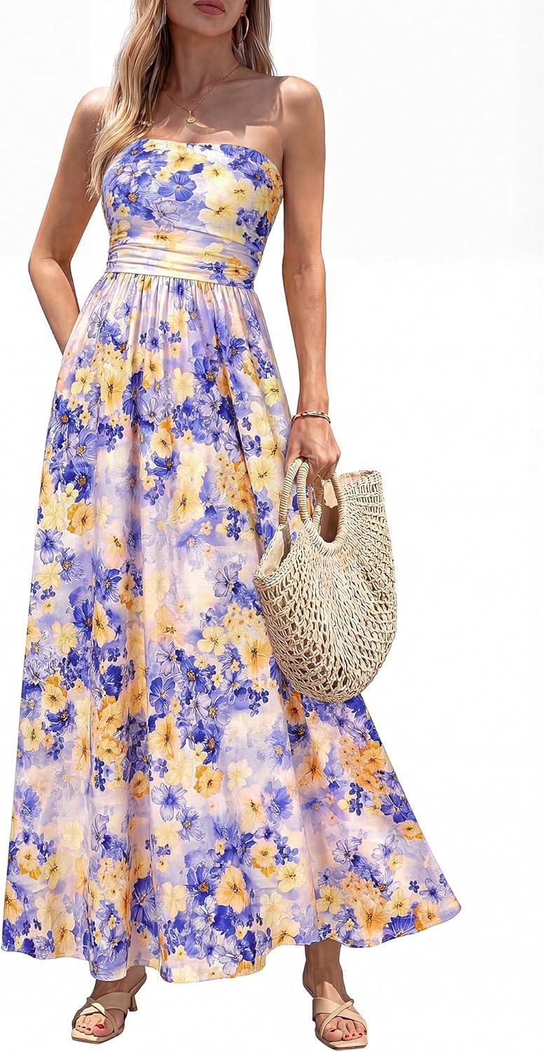 imageBTFBM Summer Maxi Dresses for Women 2026 Strapless Tube Top Floral Spring Wedding Guest Dress Beach Vacation OutfitsLight Purple Flower