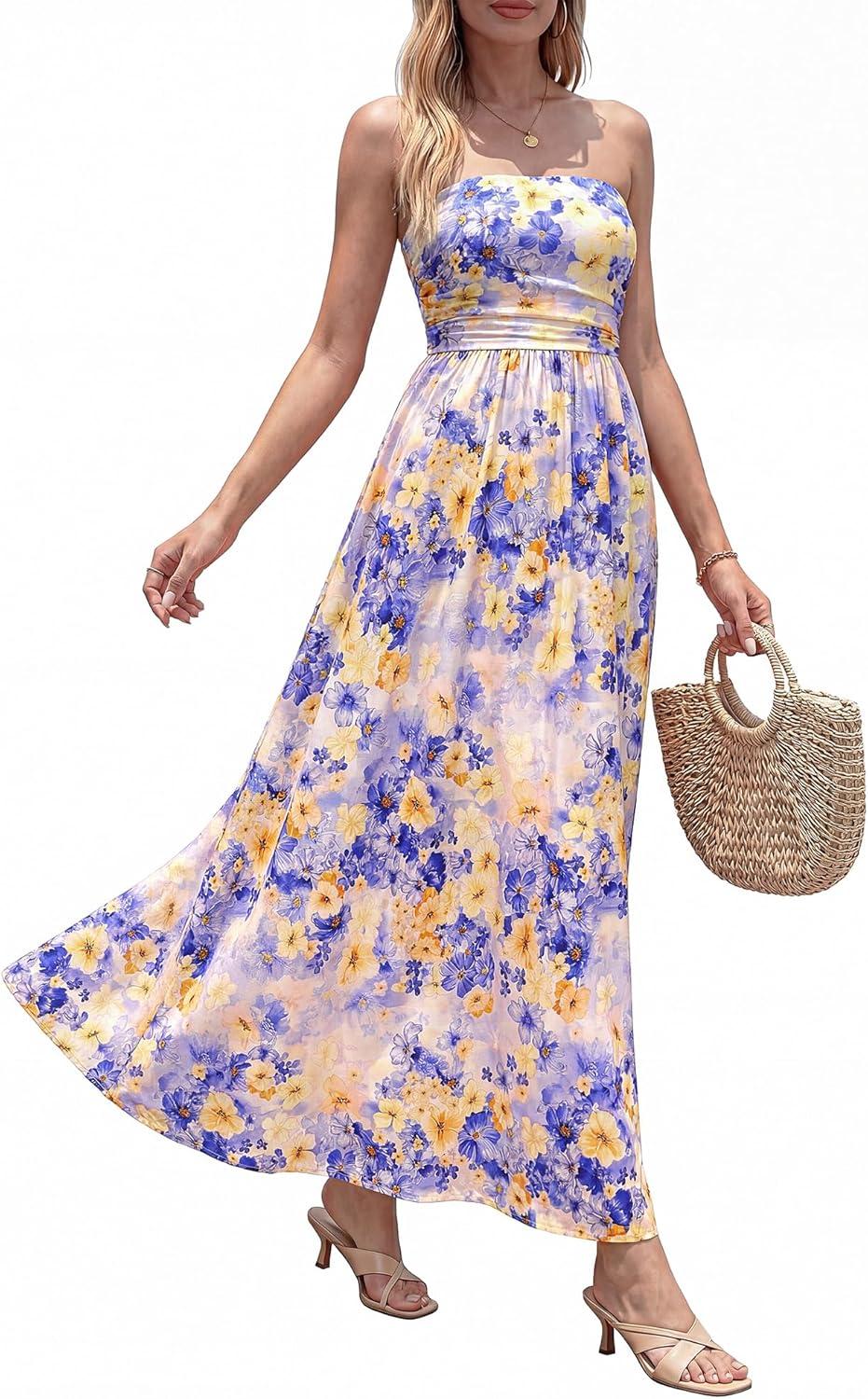 imageBTFBM Summer Maxi Dresses for Women 2026 Strapless Tube Top Floral Spring Wedding Guest Dress Beach Vacation OutfitsLight Purple Flower