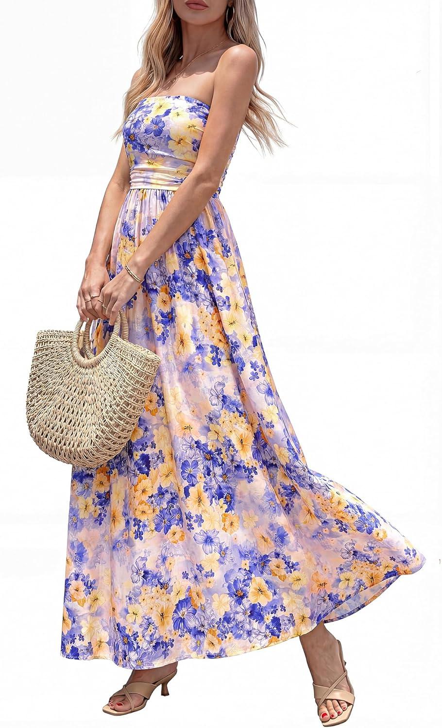 imageBTFBM Summer Maxi Dresses for Women 2026 Strapless Tube Top Floral Spring Wedding Guest Dress Beach Vacation OutfitsLight Purple Flower