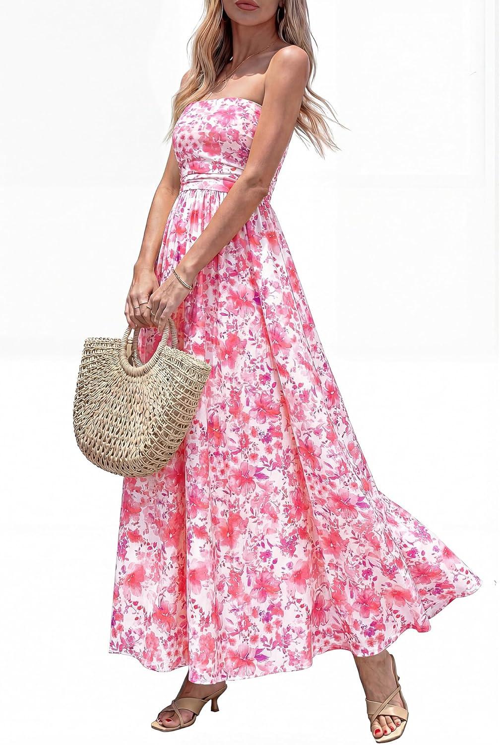 imageBTFBM Summer Maxi Dresses for Women 2026 Strapless Tube Top Floral Spring Wedding Guest Dress Beach Vacation OutfitsPink Flower