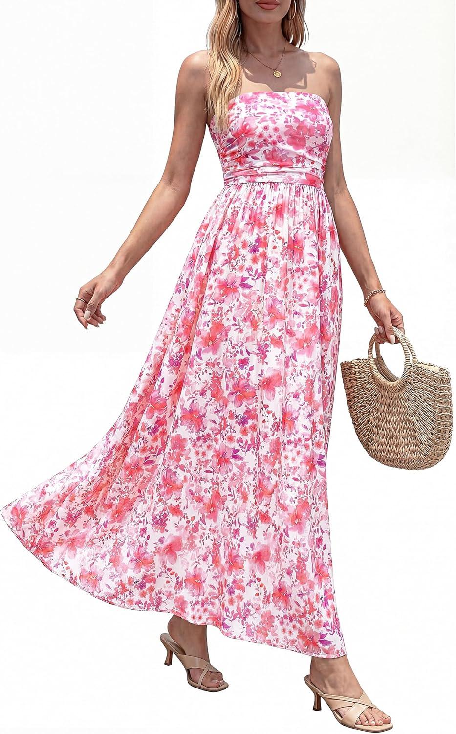 imageBTFBM Summer Maxi Dresses for Women 2026 Strapless Tube Top Floral Spring Wedding Guest Dress Beach Vacation OutfitsPink Flower