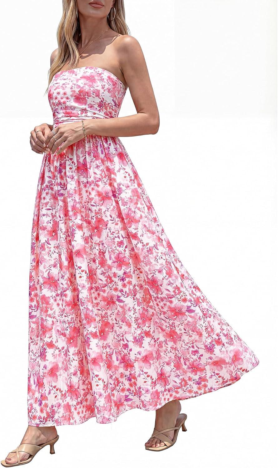imageBTFBM Summer Maxi Dresses for Women 2026 Strapless Tube Top Floral Spring Wedding Guest Dress Beach Vacation OutfitsPink Flower