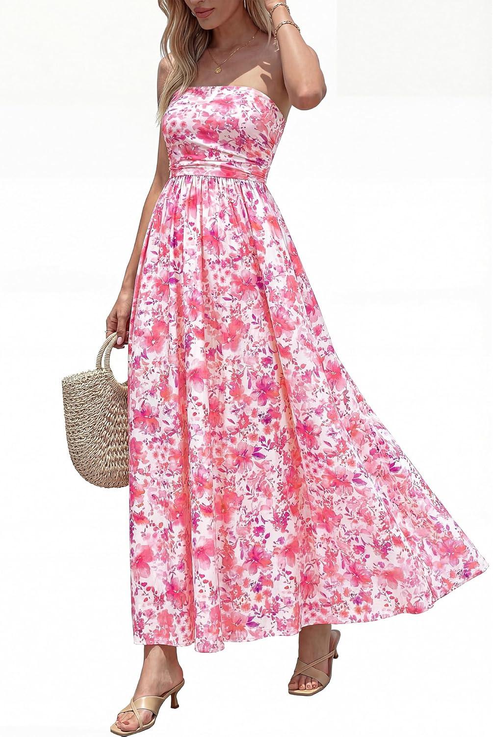 imageBTFBM Summer Maxi Dresses for Women 2026 Strapless Tube Top Floral Spring Wedding Guest Dress Beach Vacation OutfitsPink Flower