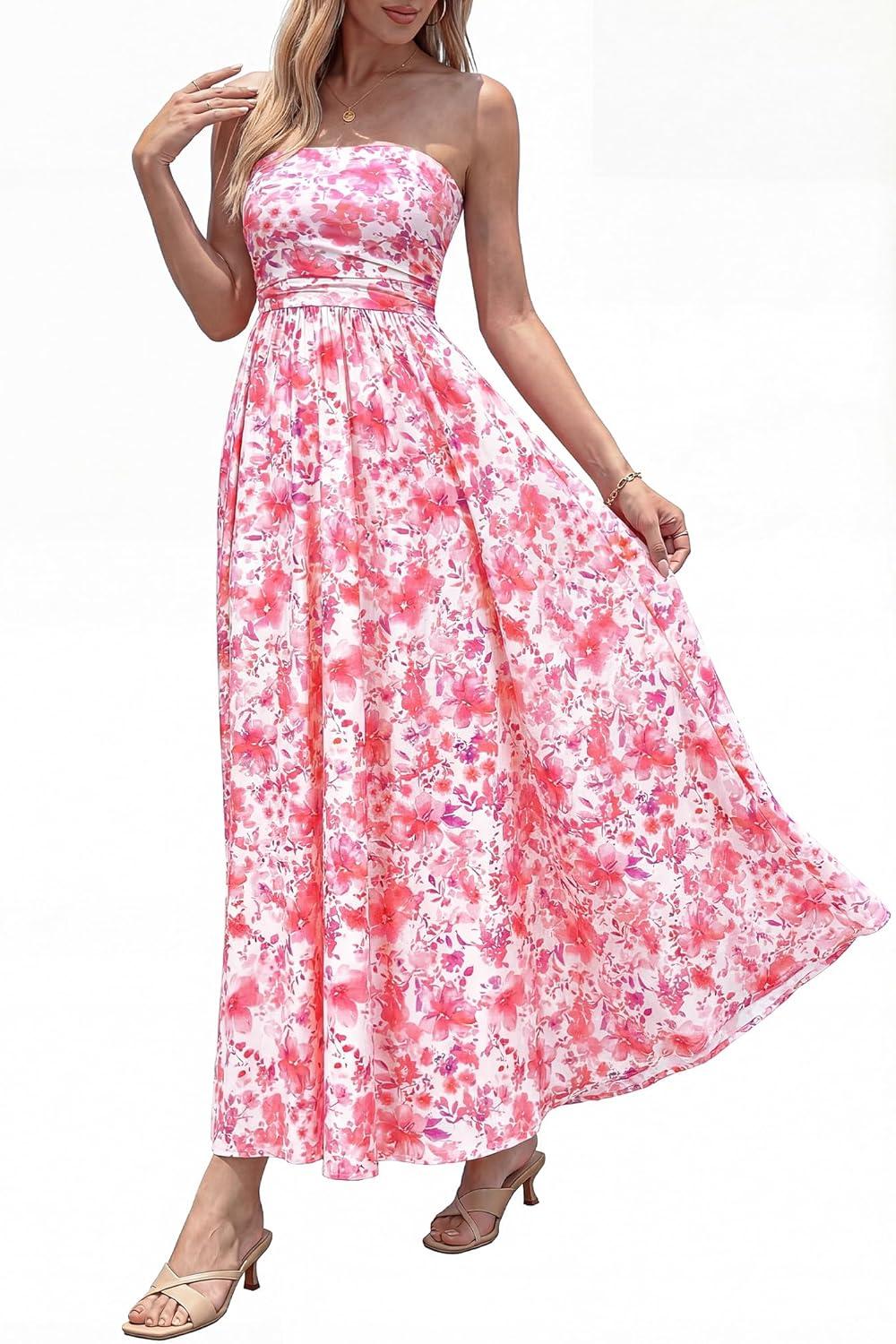 imageBTFBM Summer Maxi Dresses for Women 2026 Strapless Tube Top Floral Spring Wedding Guest Dress Beach Vacation OutfitsPink Flower