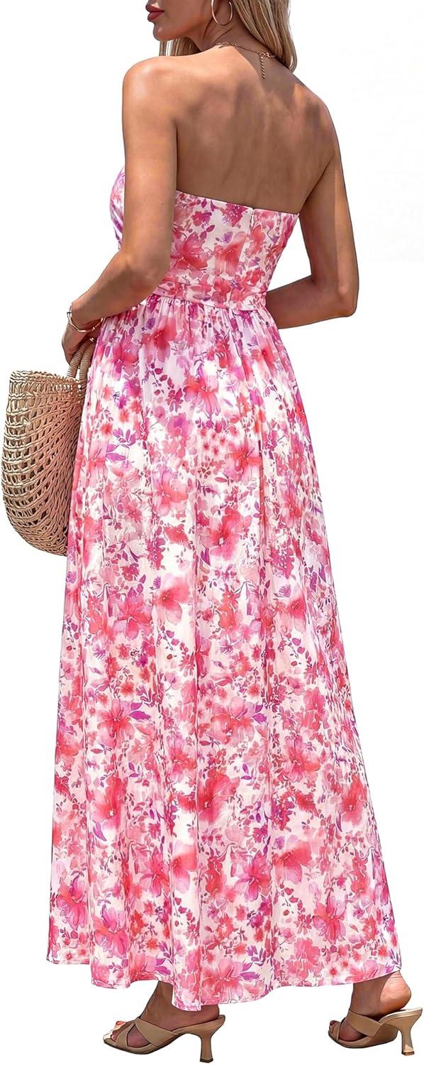 imageBTFBM Summer Maxi Dresses for Women 2026 Strapless Tube Top Floral Spring Wedding Guest Dress Beach Vacation OutfitsPink Flower