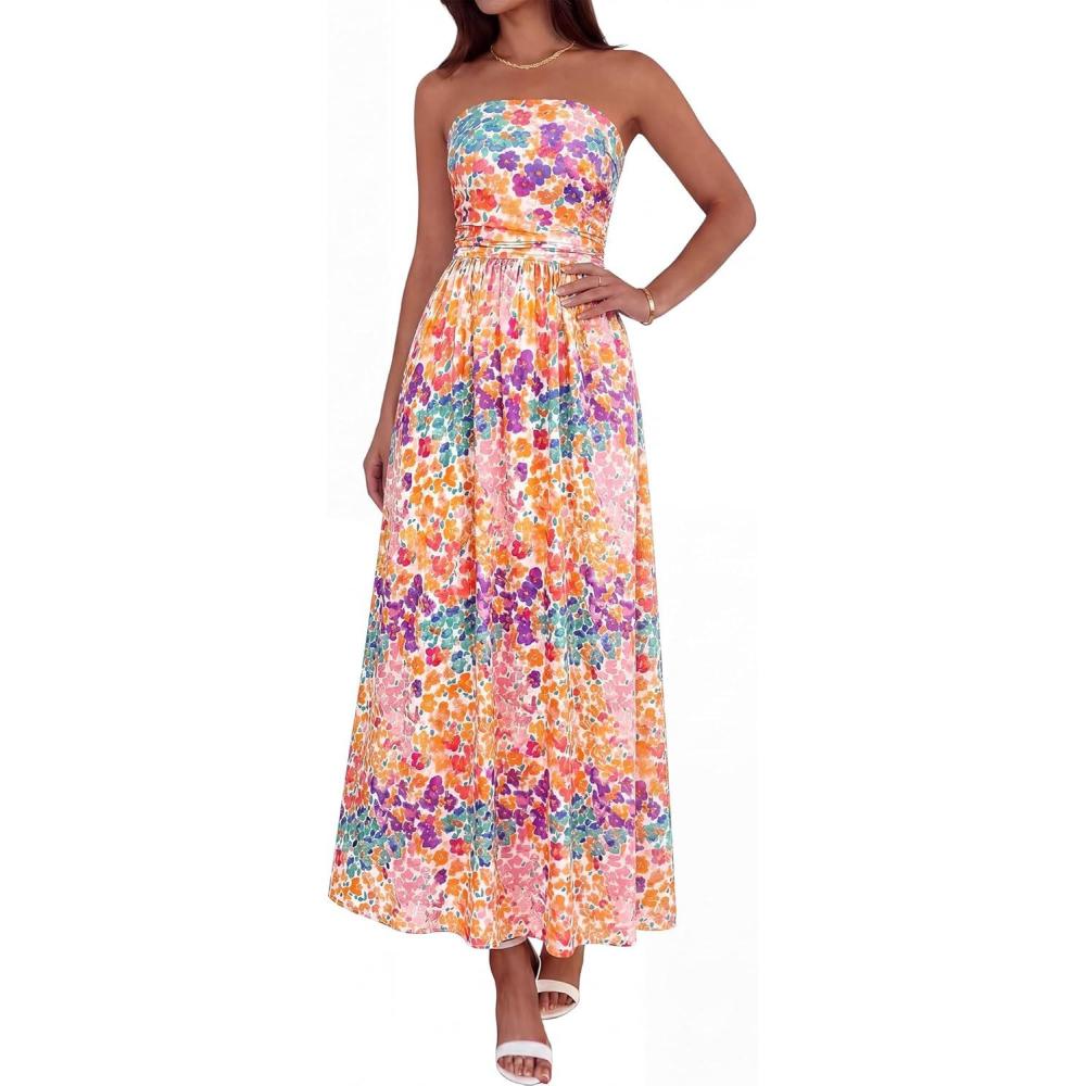 imageBTFBM Summer Maxi Dresses for Women 2026 Strapless Tube Top Floral Spring Wedding Guest Dress Beach Vacation OutfitsFloral White