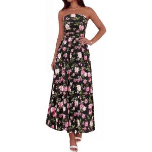 BTFBM Summer Maxi Dresses for Women 2026 Strapless Tube Top Floral Spring Wedding Guest Dress Beach Vacation Outfits(Black Pink Flower)