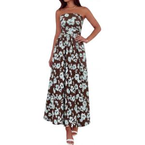 BTFBM Summer Maxi Dresses for Women 2026 Strapless Tube Top Floral Spring Wedding Guest Dress Beach Vacation Outfits(Coffee Blue Flower)