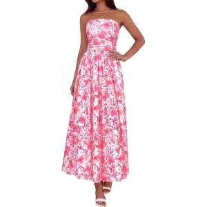 BTFBM Summer Maxi Dresses for Women 2026 Strapless Tube Top Floral Spring Wedding Guest Dress Beach Vacation Outfits(Pink Flower)