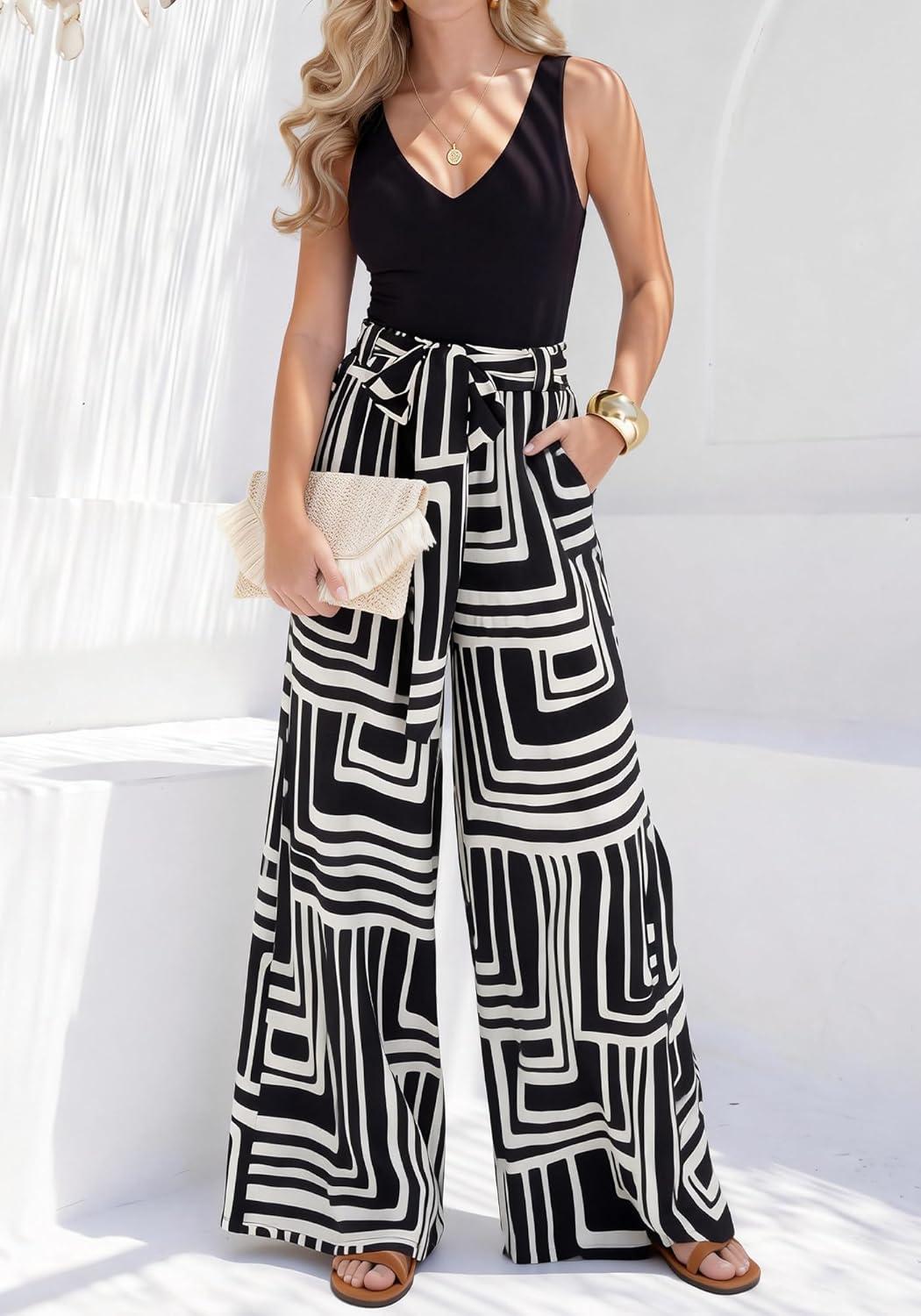 imageBTFBM Two Piece Sets For Women Summer 2026 Spring Outfits Casual Sleeveless Wide Leg Pants Sets Beach Vacation ClothesFloral Black