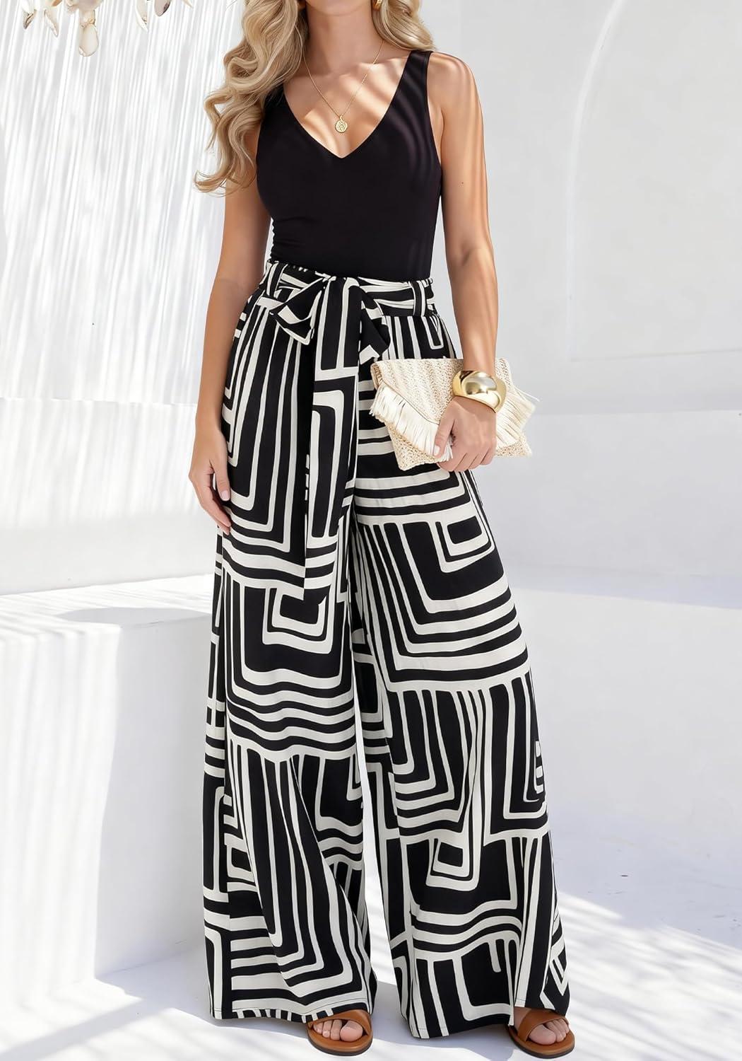 imageBTFBM Two Piece Sets For Women Summer 2026 Spring Outfits Casual Sleeveless Wide Leg Pants Sets Beach Vacation ClothesFloral Black