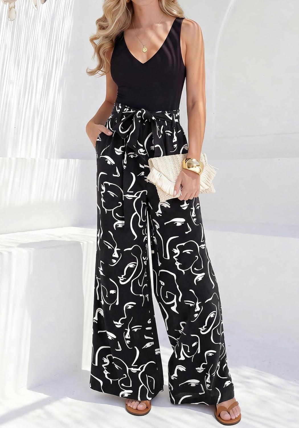 imageBTFBM Two Piece Sets For Women Summer 2026 Spring Outfits Casual Sleeveless Wide Leg Pants Sets Beach Vacation ClothesFloral Black White