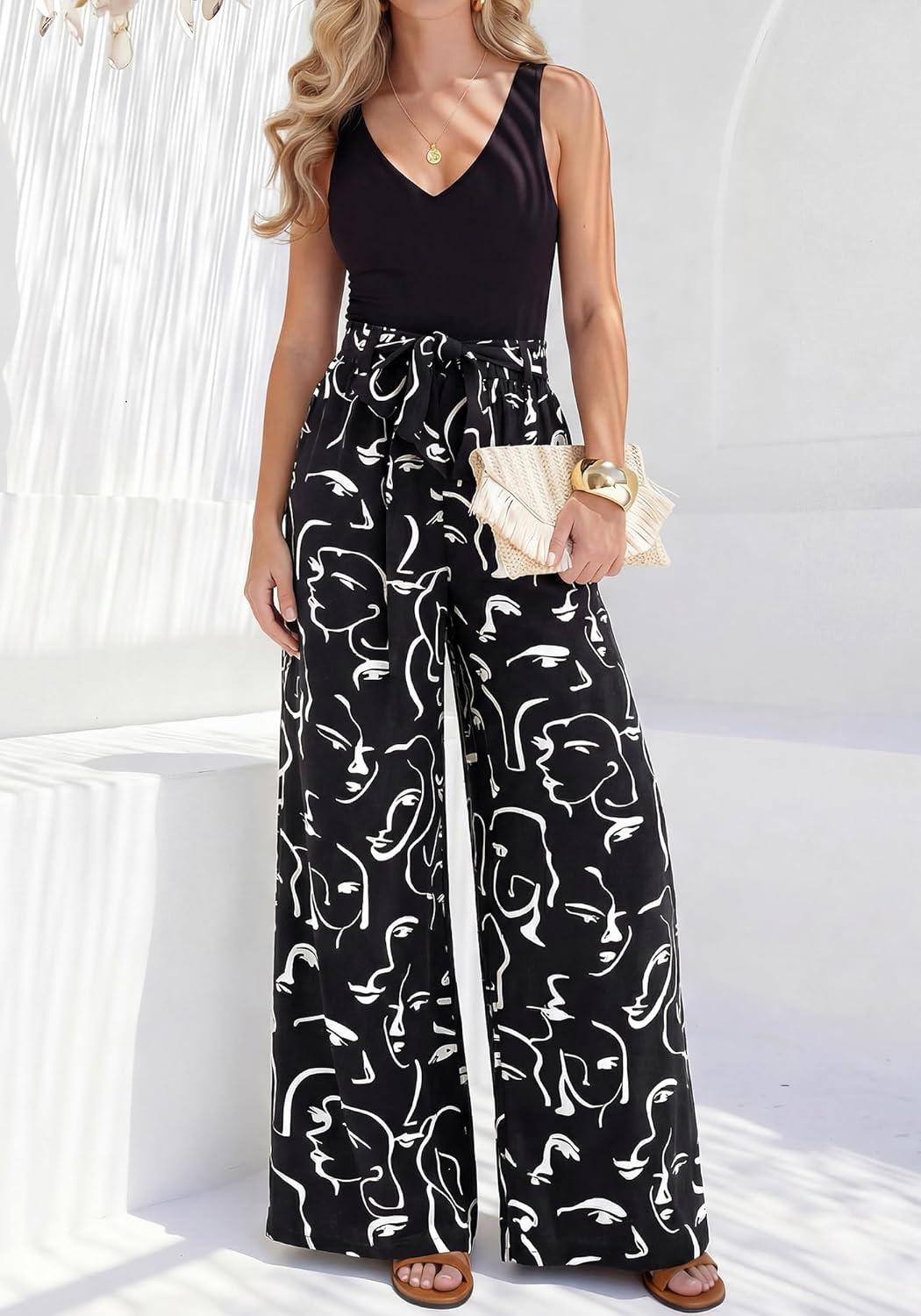 imageBTFBM Two Piece Sets For Women Summer 2026 Spring Outfits Casual Sleeveless Wide Leg Pants Sets Beach Vacation ClothesFloral Black White