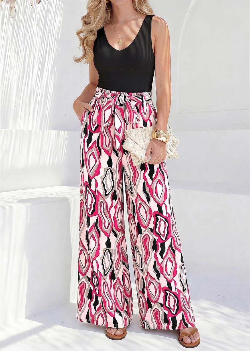 imageBTFBM Two Piece Sets For Women Summer 2026 Spring Outfits Casual Sleeveless Wide Leg Pants Sets Beach Vacation ClothesFloral White Rose Red