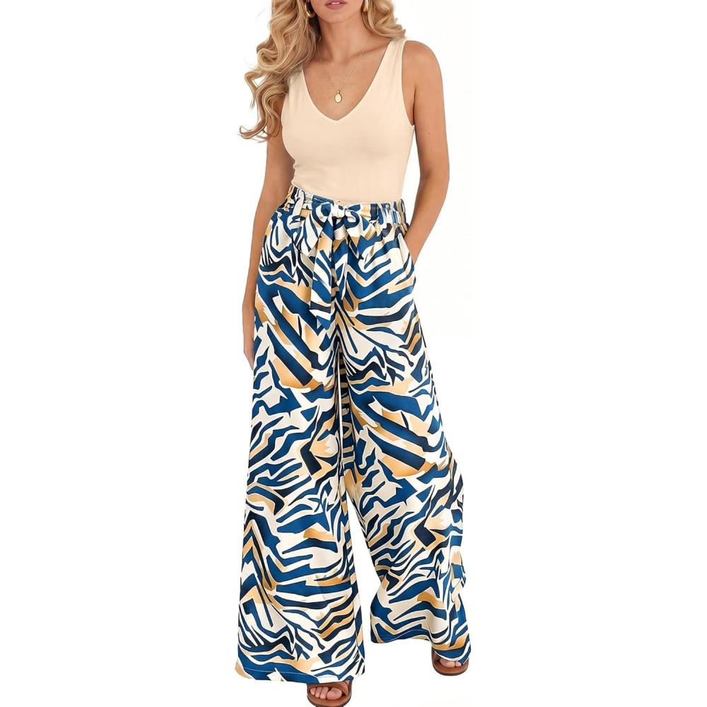 imageBTFBM Two Piece Sets For Women Summer 2026 Spring Outfits Casual Sleeveless Wide Leg Pants Sets Beach Vacation ClothesFloral Apricot Blue