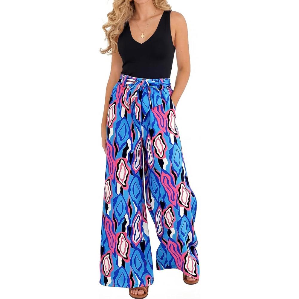 imageBTFBM Two Piece Sets For Women Summer 2026 Spring Outfits Casual Sleeveless Wide Leg Pants Sets Beach Vacation ClothesFloral Blue