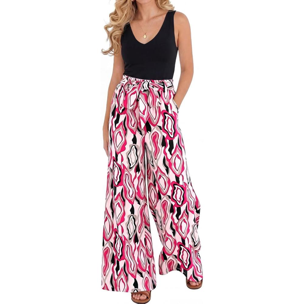 imageBTFBM Two Piece Sets For Women Summer 2026 Spring Outfits Casual Sleeveless Wide Leg Pants Sets Beach Vacation ClothesFloral White Rose Red