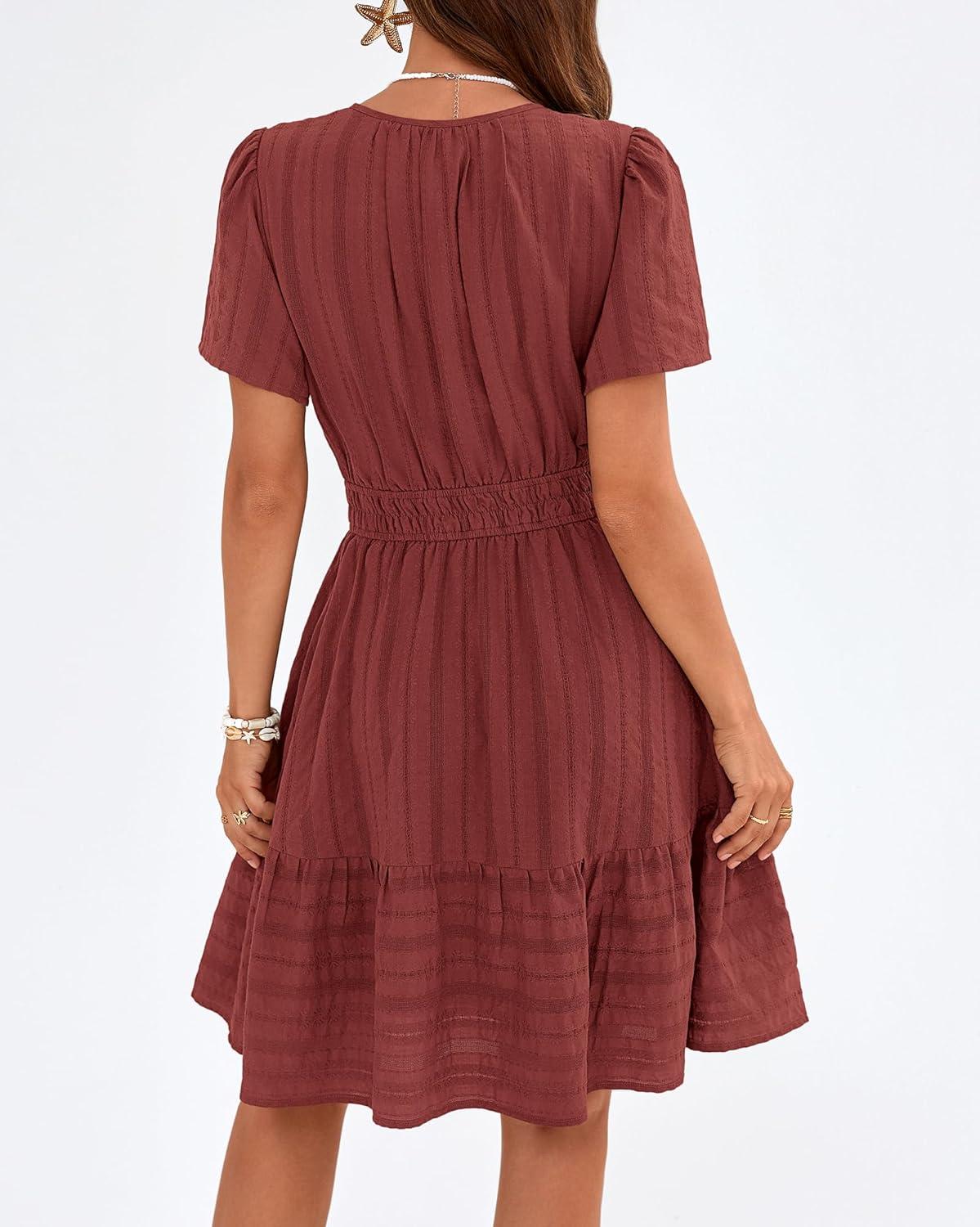 imageBTFBM Womens Spring 2026 Casual Mini Dresses Lightweight Short Sleeve V Neck Elastic Waist Cute Boho Beach Dress PocketsBrown Red