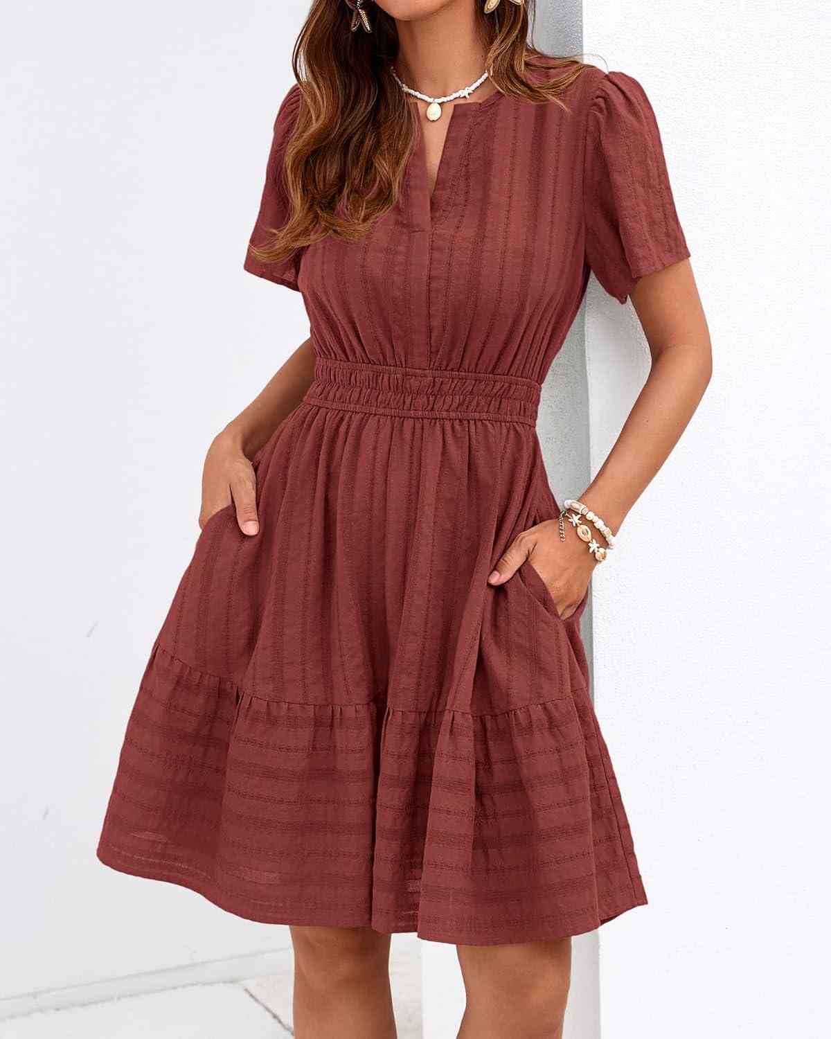 imageBTFBM Womens Spring 2026 Casual Mini Dresses Lightweight Short Sleeve V Neck Elastic Waist Cute Boho Beach Dress PocketsBrown Red