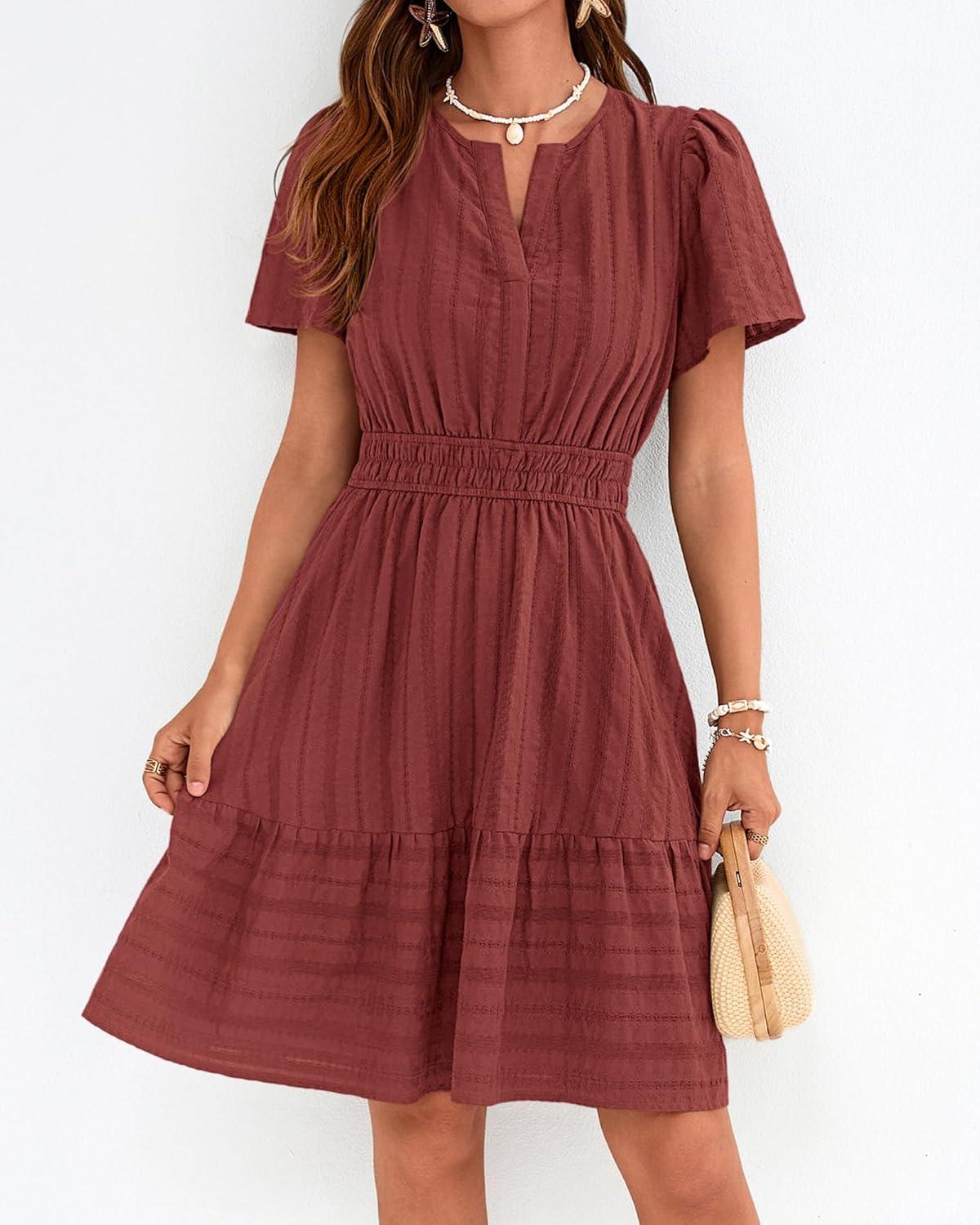 imageBTFBM Womens Spring 2026 Casual Mini Dresses Lightweight Short Sleeve V Neck Elastic Waist Cute Boho Beach Dress PocketsBrown Red