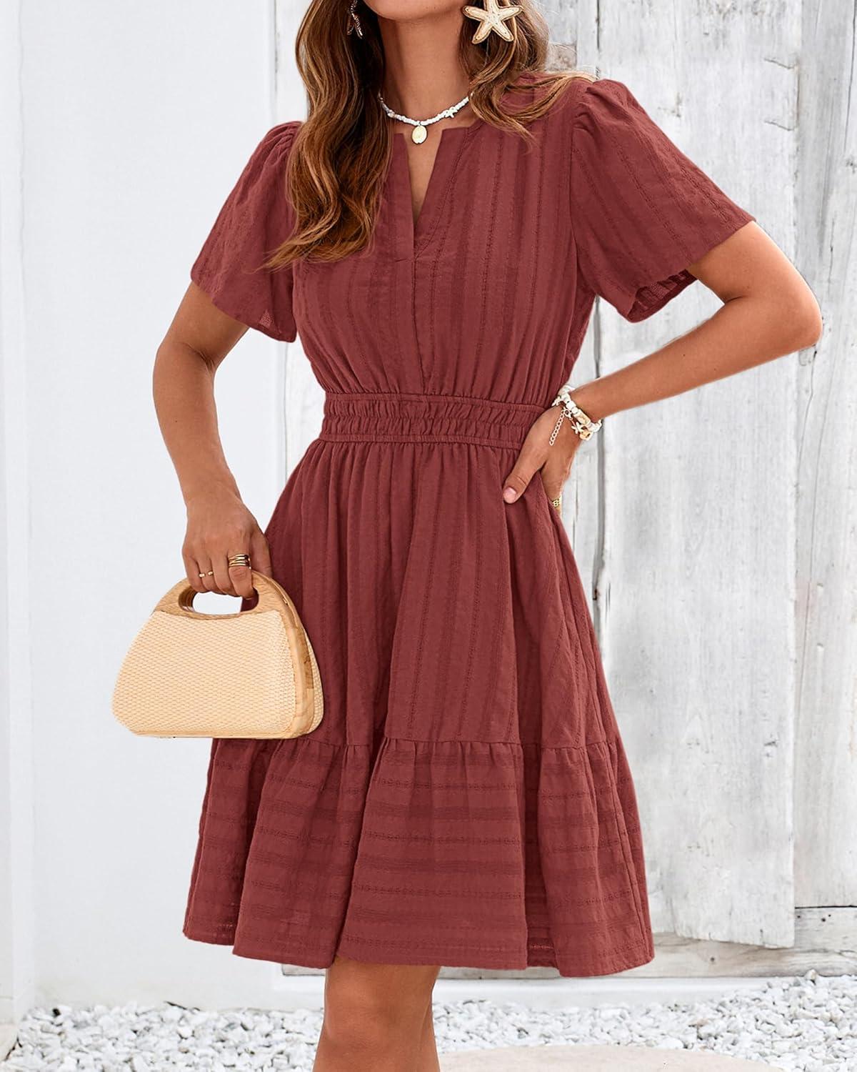 imageBTFBM Womens Spring 2026 Casual Mini Dresses Lightweight Short Sleeve V Neck Elastic Waist Cute Boho Beach Dress PocketsBrown Red